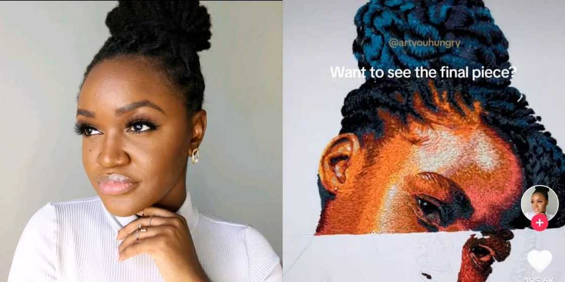 Talented artist showed off her embroidery skill on her own work of art Talented artist showed off her embroidery skill on her own work of art