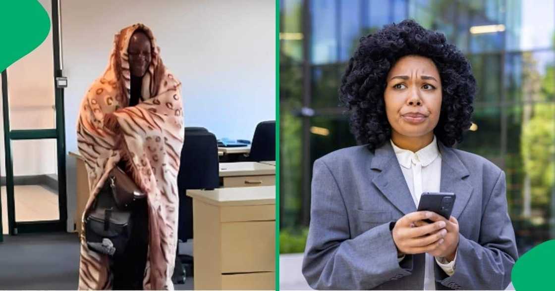 A woman shows up to work wearing a blanket, internet uses conflicted over outfit choice. A woman shows up to work wearing a blanket, internet uses conflicted over outfit choice.