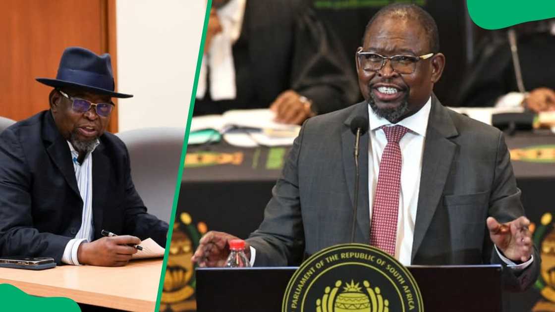 Politician Enoch wearing a black coat and hat (L). Godongwana during a proceeding of the National Assembly (R)