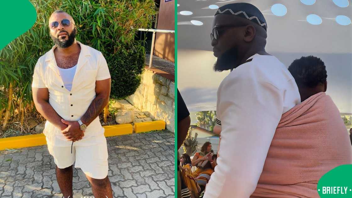 The man carried his niece on his back using a towel while socialising