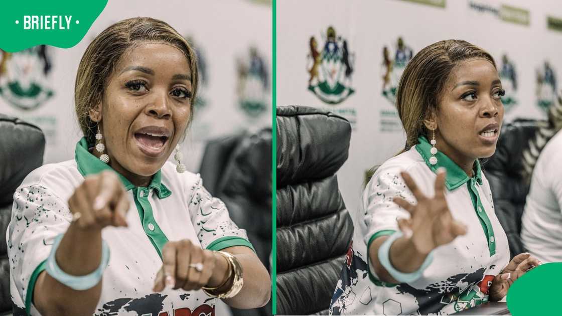Leader of the March and March Movement, South African radio personality, activist, and event organizer Jacinta Ngobese-Zuma gestures while she addresses a press conference held in Durban on May 8, 2026