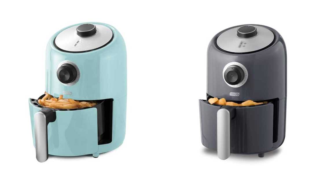 The Dash Compact Air Fryer in blue and black The Dash Compact Air Fryer in blue and black
