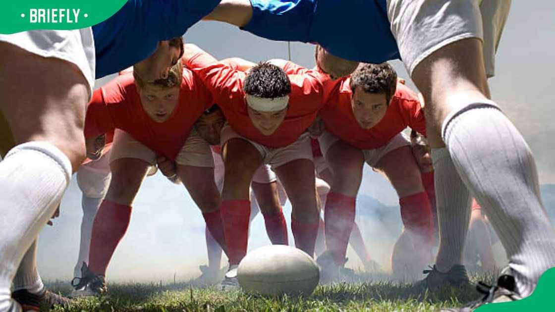 Rugby players form a scrum