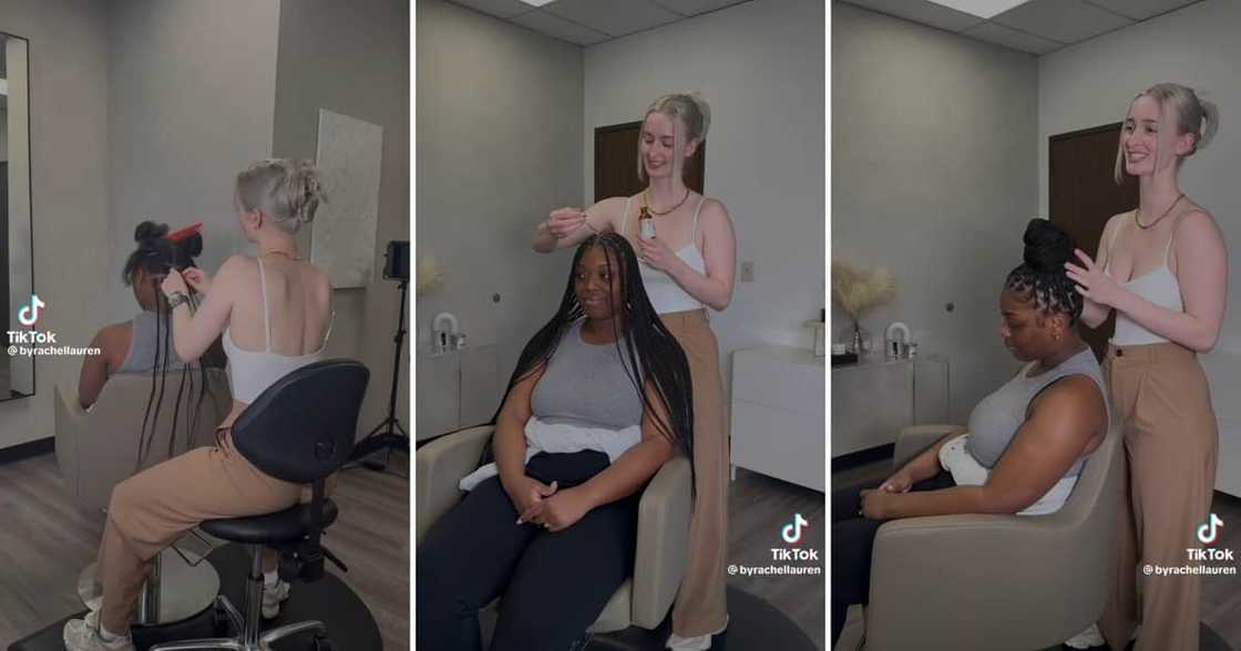 A white hairdresser styled her client's 4C hair into knotless braids