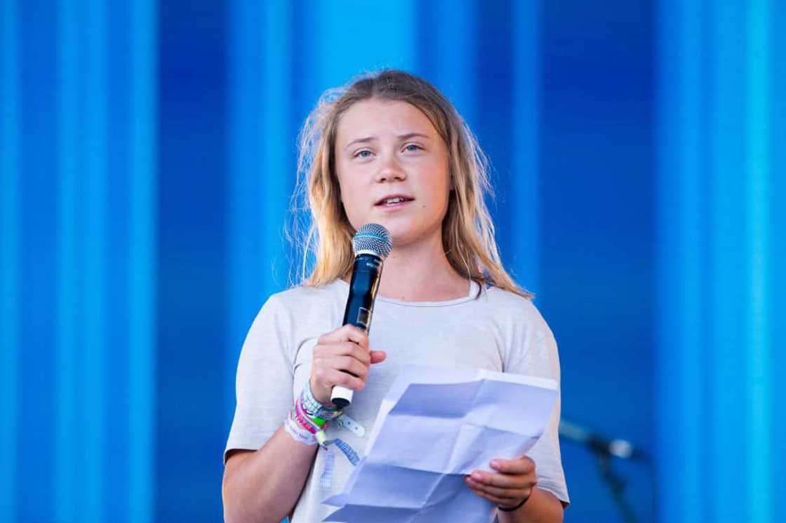 Greta Thunberg addressed the crowd at the Pyramid stage in Glastonbury, England Greta Thunberg addressed the crowd at the Pyramid stage in Glastonbury, England