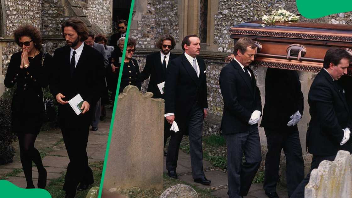 Eric Clapton and Lory Del Santo at their son’s funeral in 1991