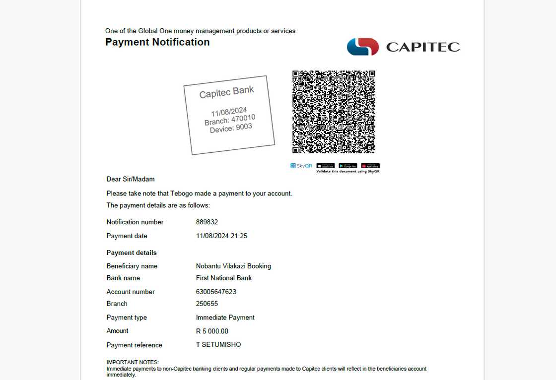 Proof of payment for booking Nobantu Vilakazi. Proof of payment for booking Nobantu Vilakazi.