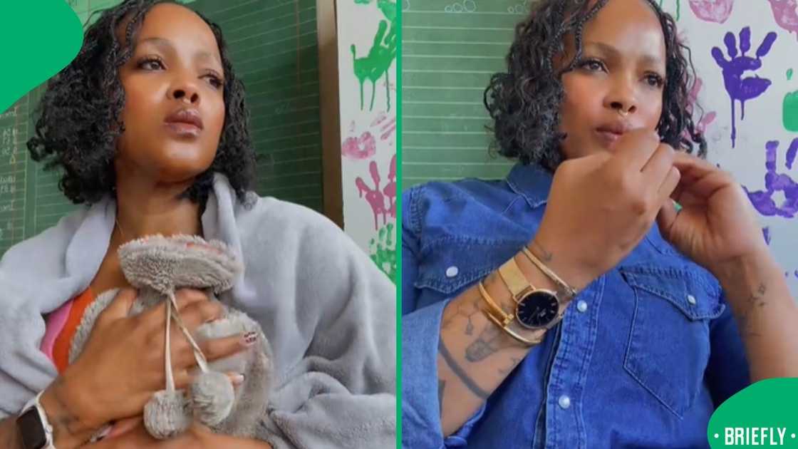 Tashia on the right was sitting in front of her learners, with the chalkboard showing in her background Tashia on the right was sitting in front of her learners, with the chalkboard showing in her background