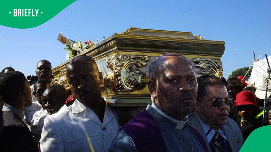 Brenda Fassie was carried to the hearse at her funeral service. Brenda Fassie was carried to the hearse at her funeral service.