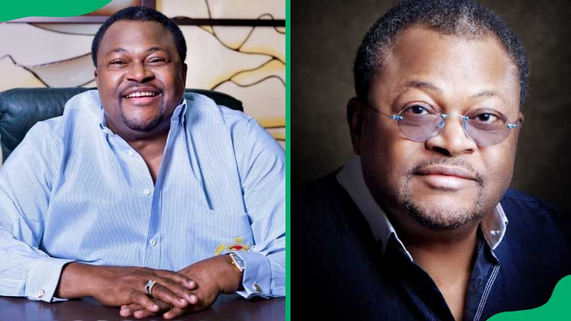 Mike Adenuga in a light blue shirt and in a navy blue shirt on official potraits