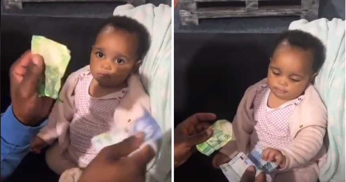 An adorable toddler chose an R100 note in a game of choice. An adorable toddler chose an R100 note in a game of choice.