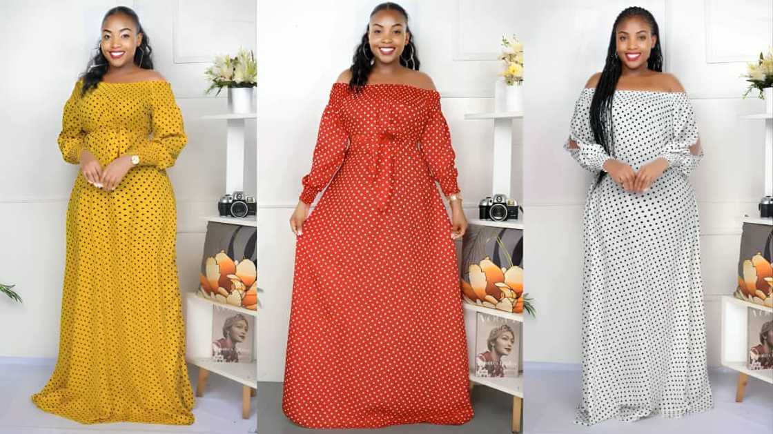 Off-shoulder A-shape gowns with polka dots