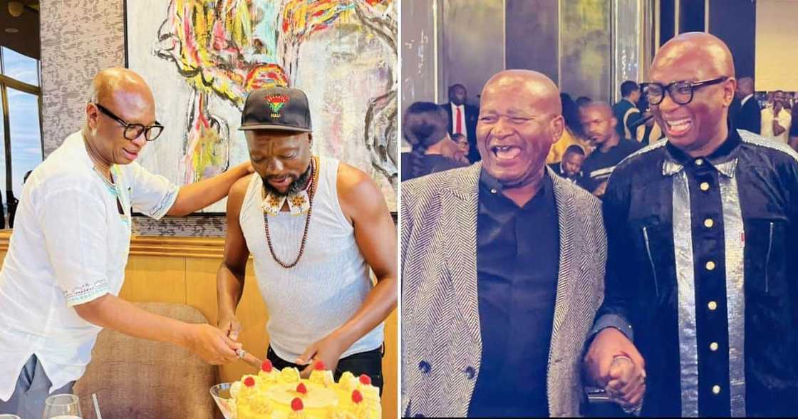 Zizi Kodwa and Zola 7 cutting his birthday cake and Zizi Kodwa and Vusi Thanda