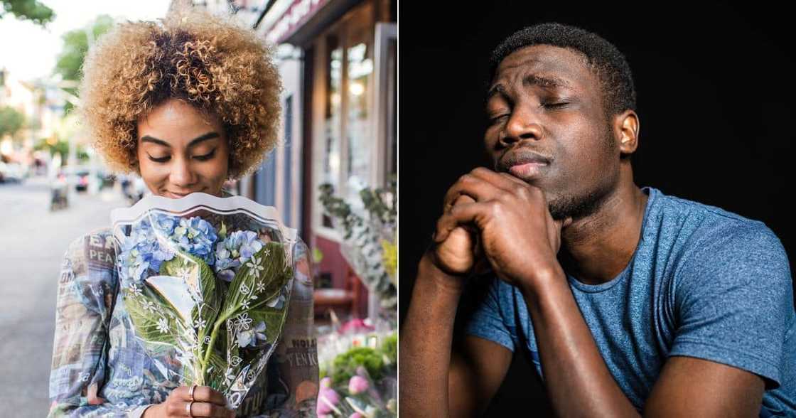 Woman smelling flowers, Man sad