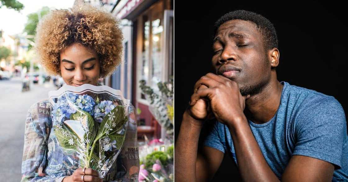 Woman smelling flowers, Man sad Woman smelling flowers, Man sad