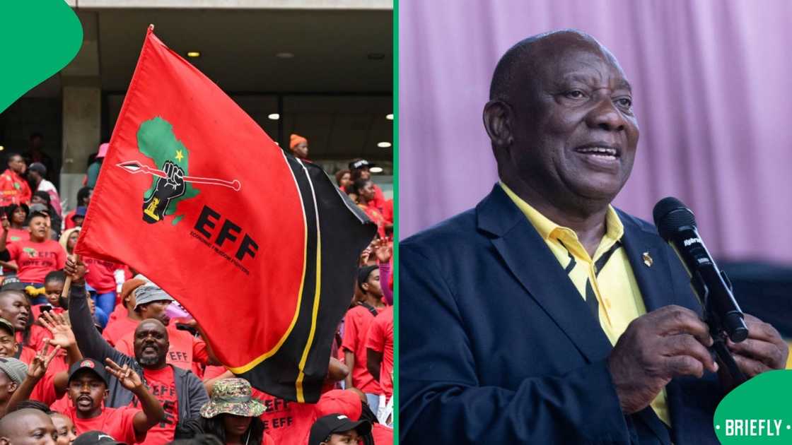 The Economic Freedom Fighters opposed Cyril Ramaphosa's signing of the Expropriation Bill into law The Economic Freedom Fighters opposed Cyril Ramaphosa's signing of the Expropriation Bill into law