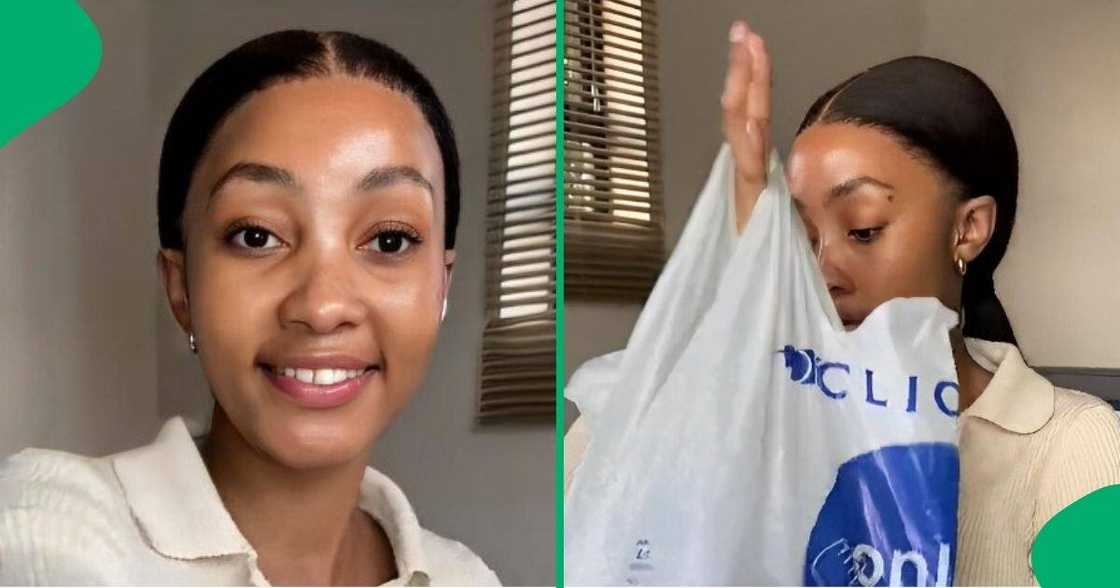 Woman shows the self-care items she bought at Clicks. Woman shows the self-care items she bought at Clicks.