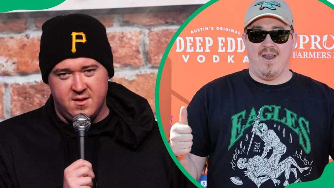 Shane Gillis performing attending a comedy event (L). The comedian posing for the camera (R) Shane Gillis performing attending a comedy event (L). The comedian posing for the camera (R)