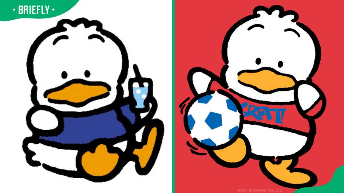 Pekkle holding a drink with a straw (L). The character in a red shirt (R) Pekkle holding a drink with a straw (L). The character in a red shirt (R)