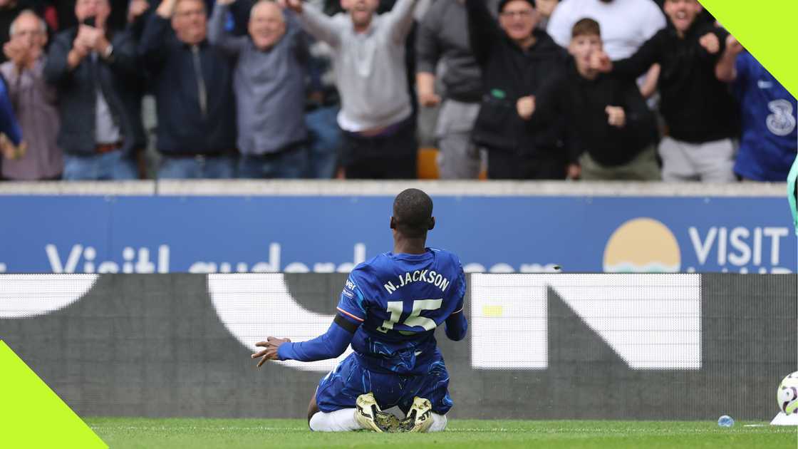 Nicolas Jackson celebrates after scoring for Chelsea against Wolves.