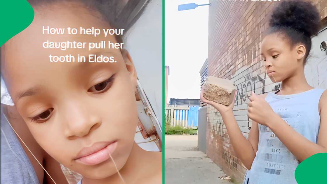 A dad helped her daughter pull out her tooth with a brick. A dad helped her daughter pull out her tooth with a brick.