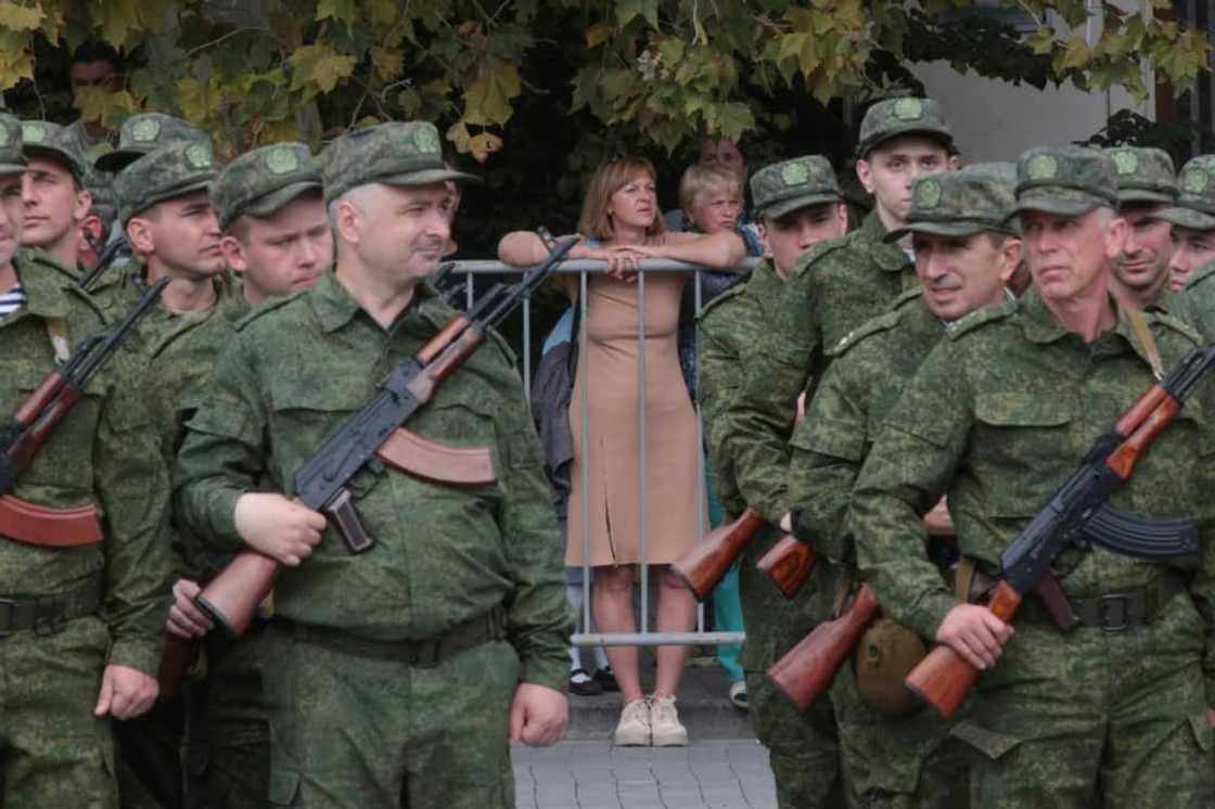 Soldiers at a departure ceremony in Crimea on September 27, 2022 after Russia announced a draft of hundreds of thousands of troops