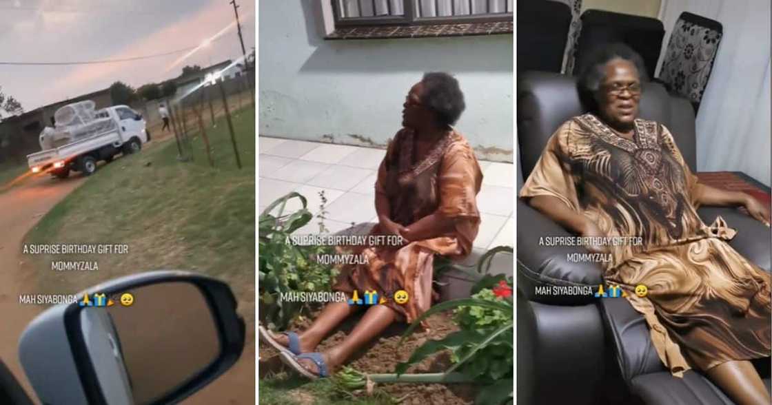 Woman surprises mother with new couch set Woman surprises mother with new couch set