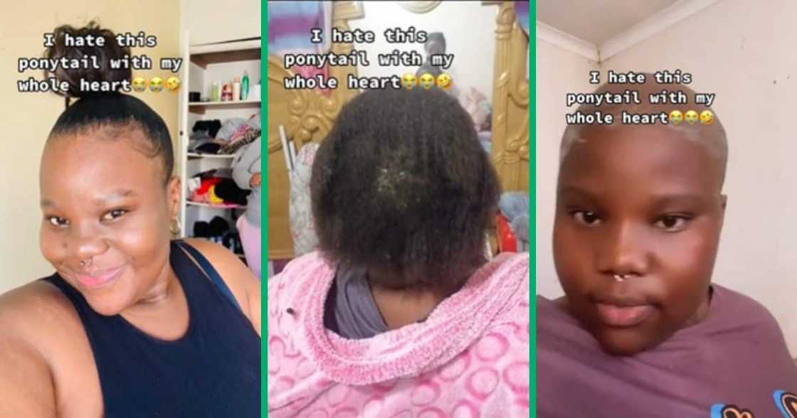 The woman reveals that her high ponytail caused a bald spot so she shave her hair bald. The woman reveals that her high ponytail caused a bald spot so she shave her hair bald.