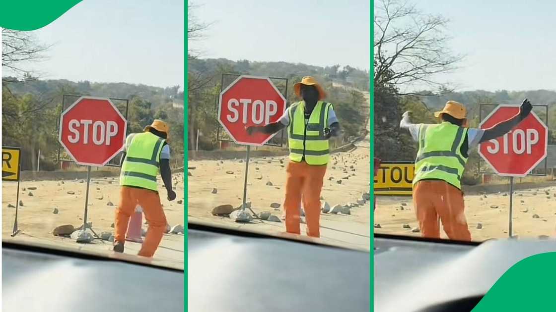 A TikTok video shows a stop-and-go roadworker dancing on the roadside.