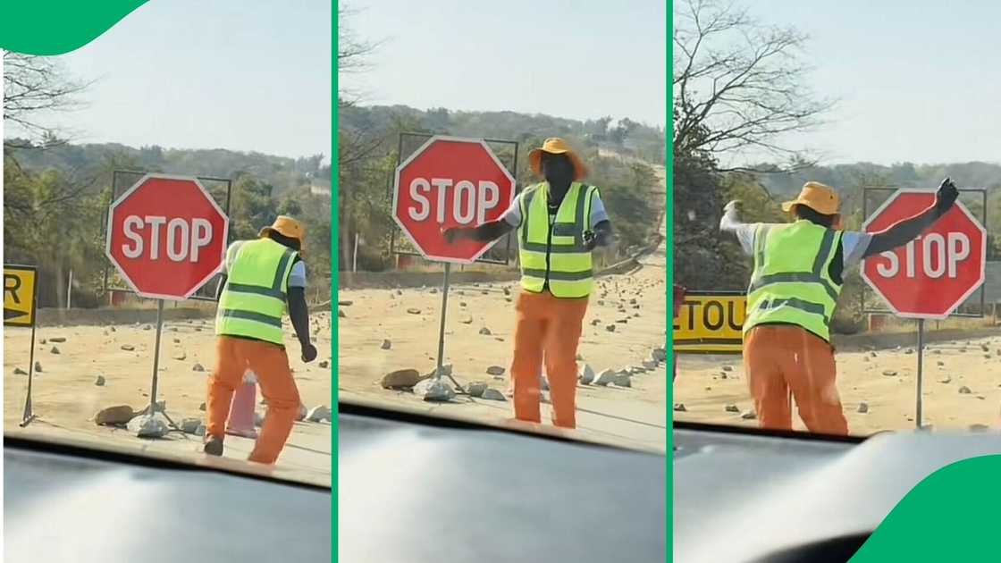 A TikTok video shows a stop-and-go roadworker dancing on the roadside. A TikTok video shows a stop-and-go roadworker dancing on the roadside.