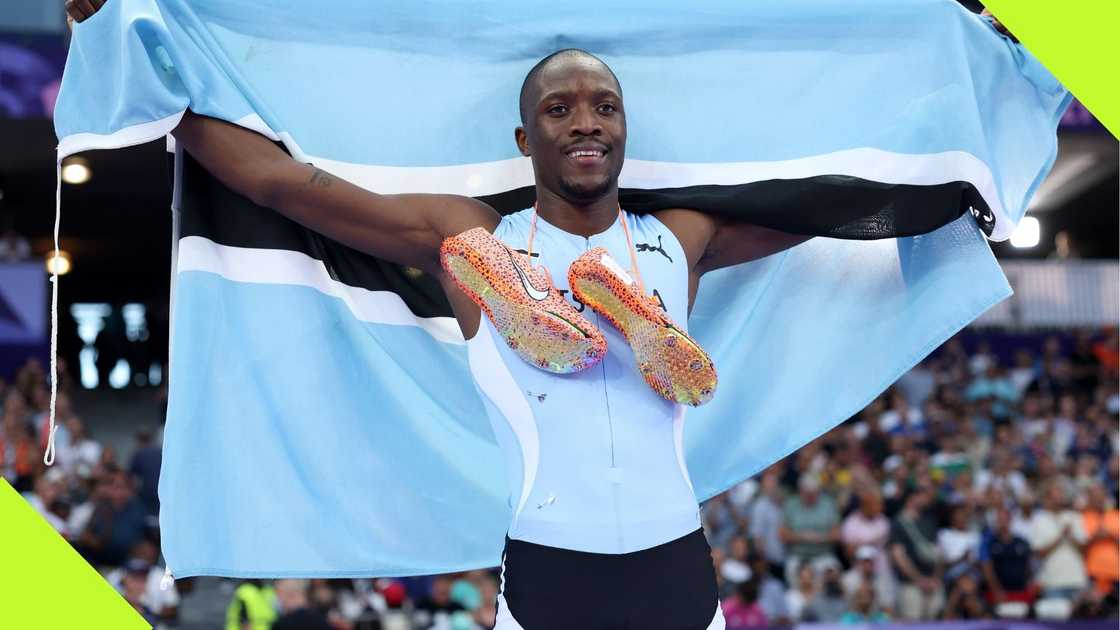 Letsile Tebogo celebrates winning the gold medal after competing in the Men's 200m Final at the 2024 Olympic Games in Paris, France. Photo: Christian Petersen. Letsile Tebogo celebrates winning the gold medal after competing in the Men's 200m Final at the 2024 Olympic Games in Paris, France. Photo: Christian Petersen.