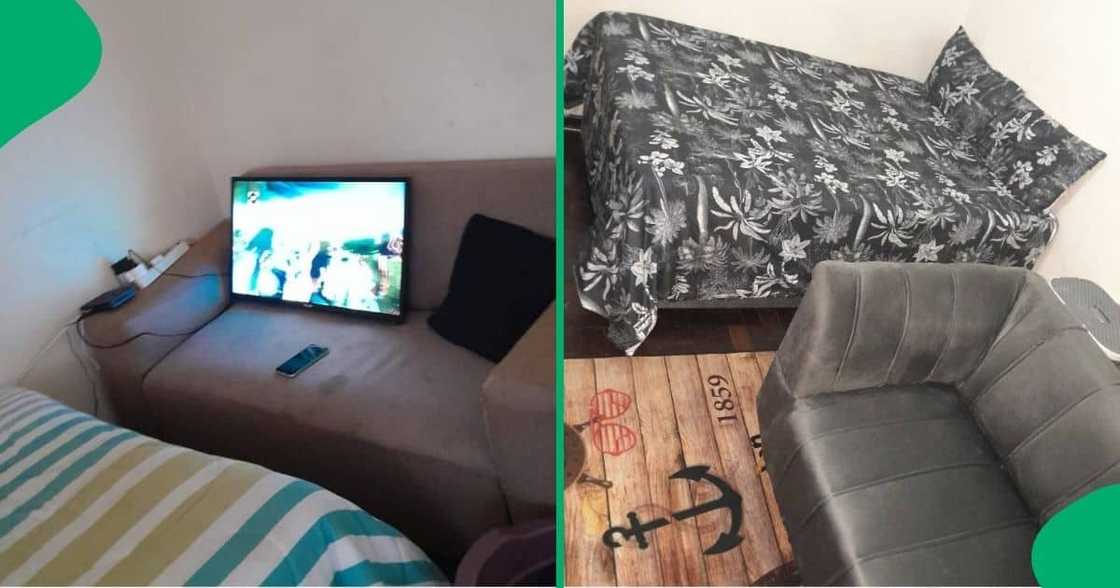 Woman shows before and after pictures of her sleeping area consisting of a bed and couch. Woman shows before and after pictures of her sleeping area consisting of a bed and couch.