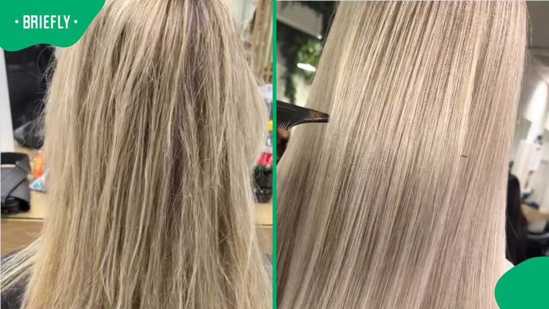 A before-and-after look of a woman's hair. A before-and-after look of a woman's hair.