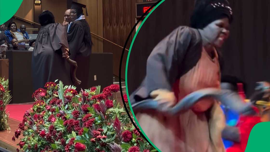 Gogo storms the stage with a graduation gown on as a family member graduates.