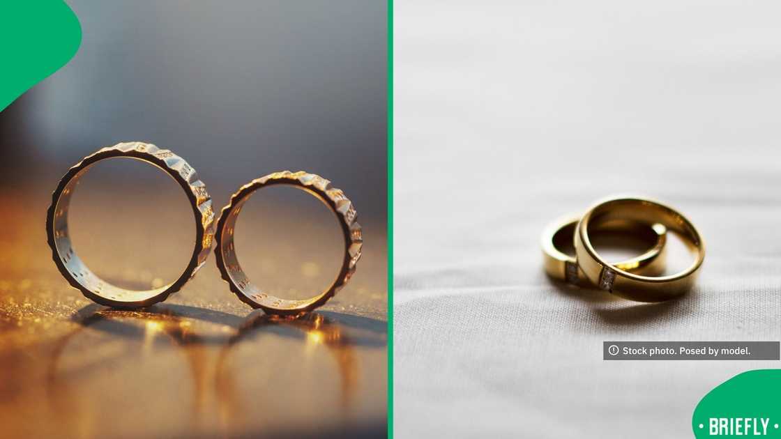 On the right, two gold rings on a table