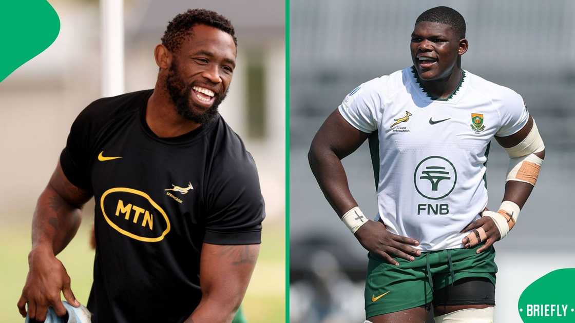 Siya Kolisi and Bathobele Hlekani on the rugby field.