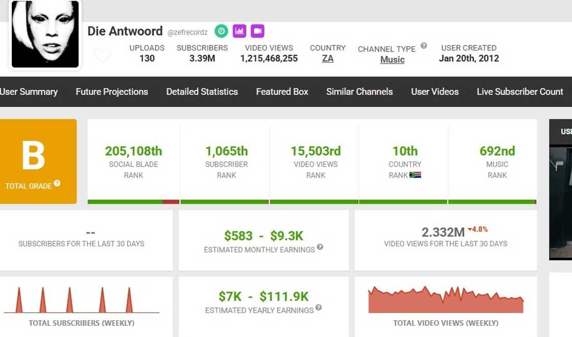 Die Antwoord's YouTube earnings and statistics on Social Blade