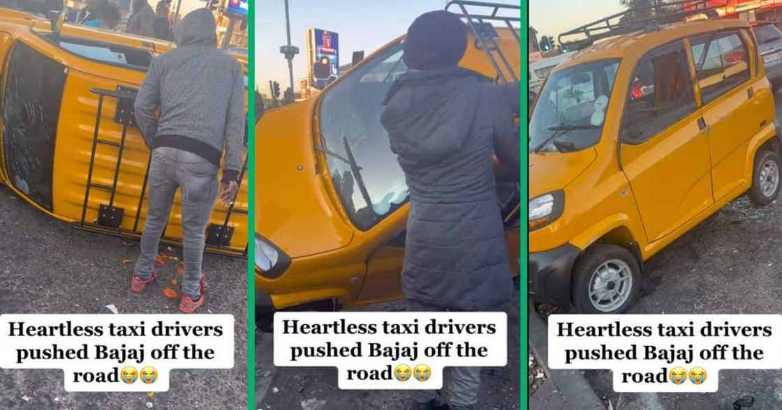 Bajaj pushed off road by taxi drivers Bajaj pushed off road by taxi drivers