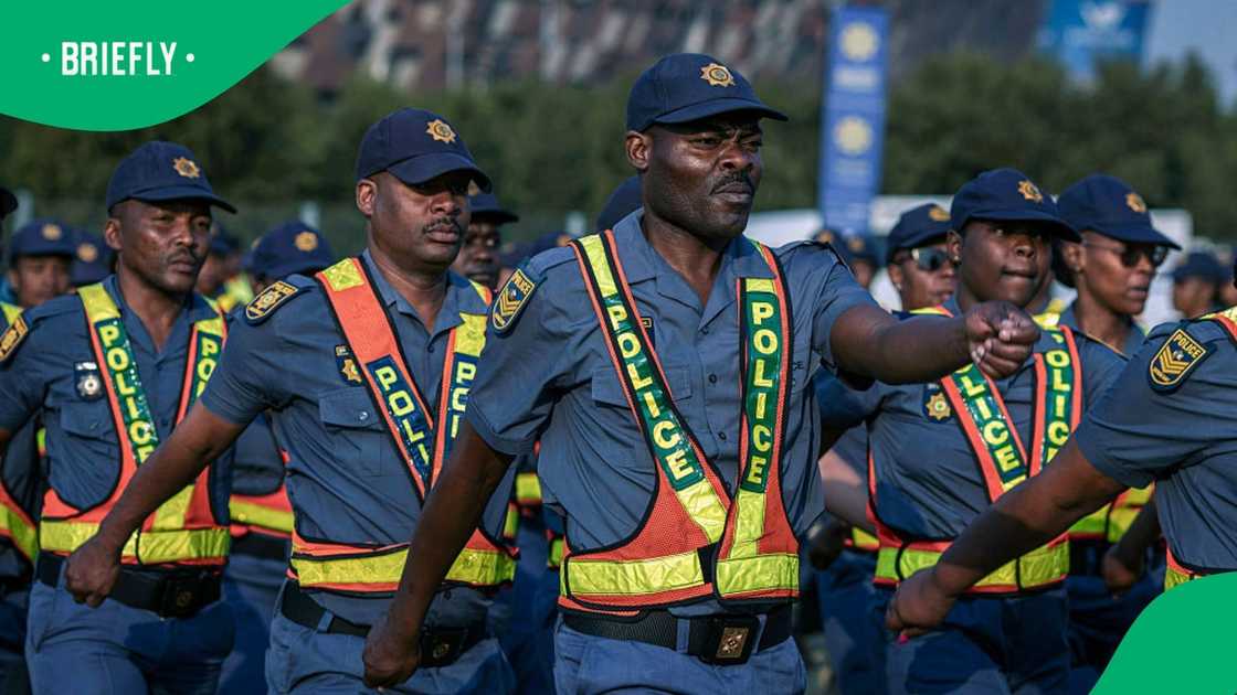 Officers in the South African Police Service (SAPS) participate in a parade at FNB Stadium on June 26, 2026 in Johannesburg, South Africa Officers in the South African Police Service (SAPS) participate in a parade at FNB Stadium on June 26, 2026 in Johannesburg, South Africa