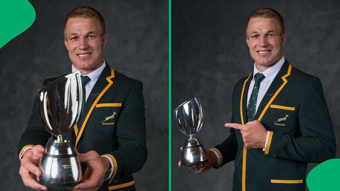 Pieter-Steph du Toit posing with his Men's Player of the Year award at the World Rugby Awards.