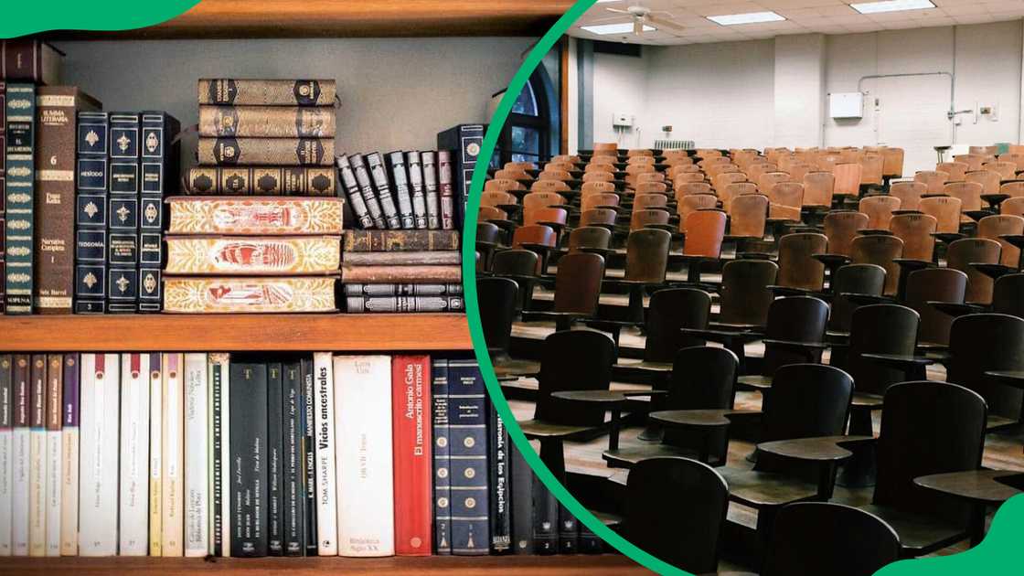 Assorted books on bookshelves and a lecture hall Assorted books on bookshelves and a lecture hall