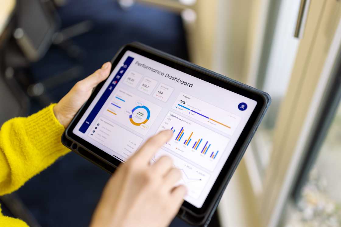 A data analyst checking business analytics dashboard with charts, metrics and KPI on digital tablet. A data analyst checking business analytics dashboard with charts, metrics and KPI on digital tablet.