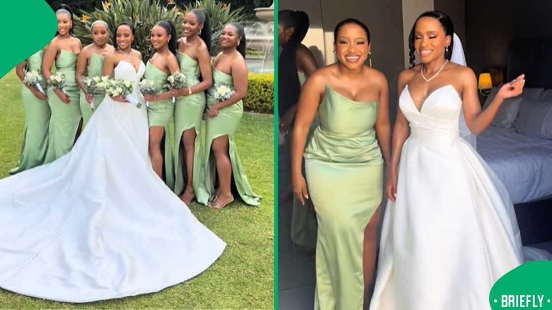 A bride and bridesmaids posing at a wedding venue A bride and bridesmaids posing at a wedding venue