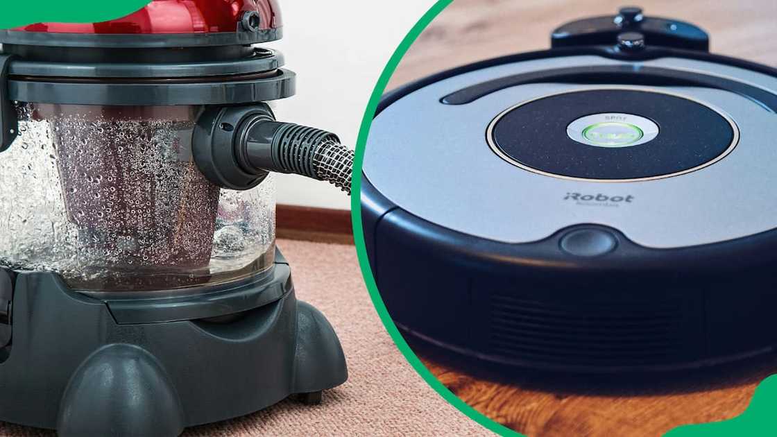 A black and red vacuum cleaner and a robot cleaner A black and red vacuum cleaner and a robot cleaner