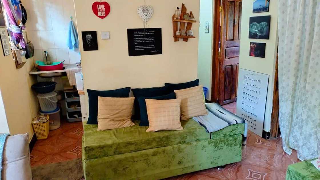 Creative woman shows off her lounge area. Creative woman shows off her lounge area.