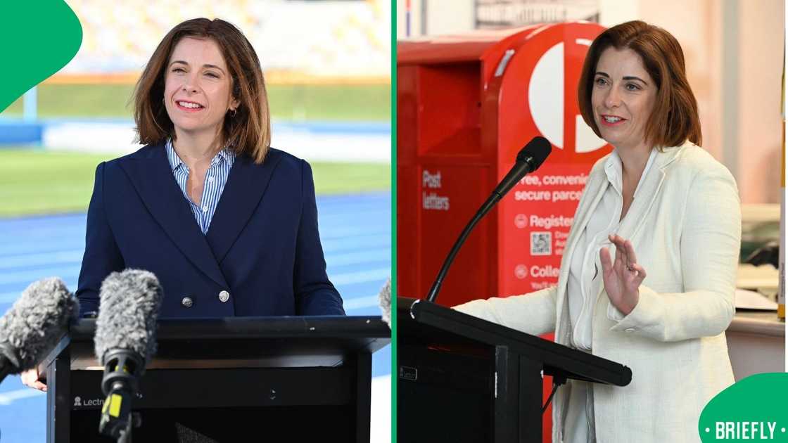 The visual on the right showed her addressing the audience with confidence during her announcement The visual on the right showed her addressing the audience with confidence during her announcement