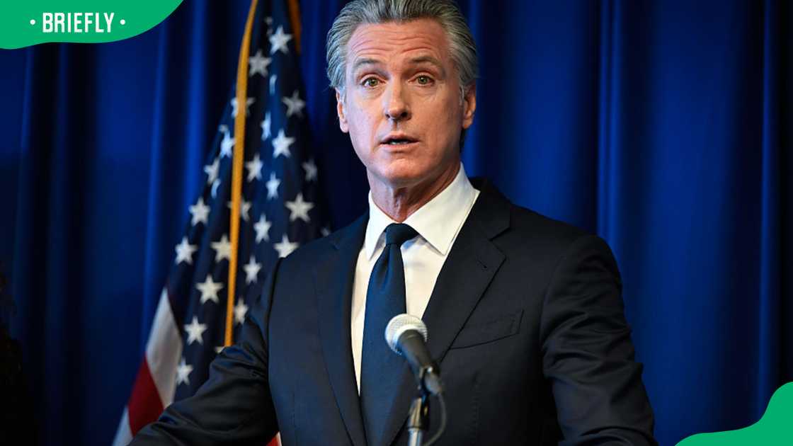 Governor Gavin Newsom during a 2025 press conference at the Office of the Attorney General