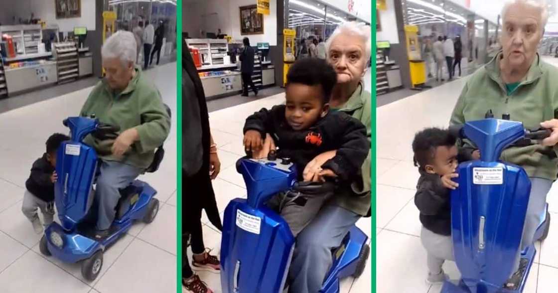 Little boy catches a lift with elderly lady Little boy catches a lift with elderly lady