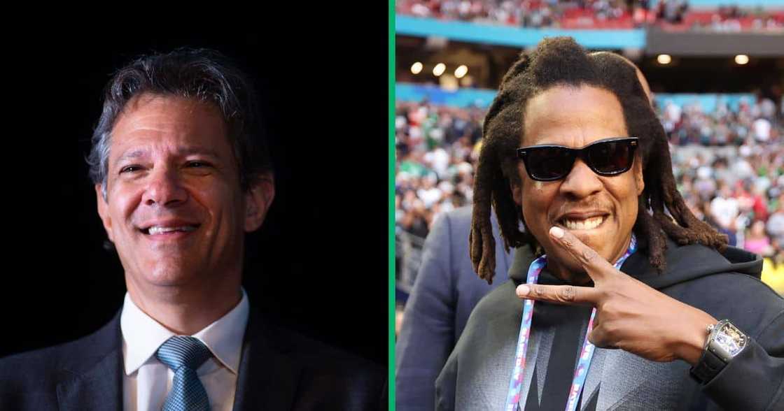 Brazil's Minister of Finance at Fernando Haddad during a press conference at the Bank of Brazil Cultural Centre and Jay-Z attending Super Bowl LVII. Brazil's Minister of Finance at Fernando Haddad during a press conference at the Bank of Brazil Cultural Centre and Jay-Z attending Super Bowl LVII.