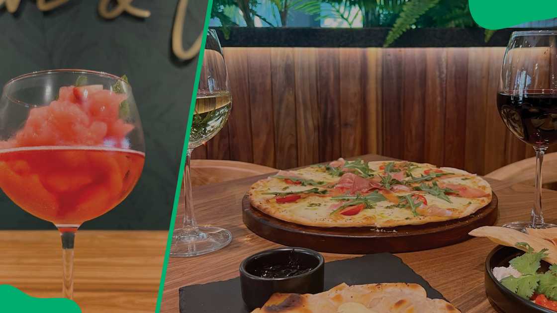 Olive Sgroppino cocktail (L). Camembert Focaccia (R)